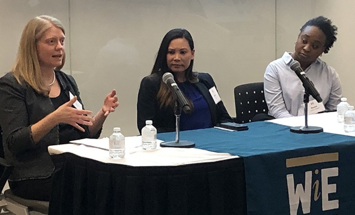 Women Engineers Panel held by WiE in collaboration with SWE, moderator Kristy Ortiz (Director, U.S. Marketing at CGI), Ann Kim (Deputy CIO of the U.S. Department of Education); and Demi Ladipo-Obasa (PhD Candidate with a BS in Civil and Environmental Engineering)
