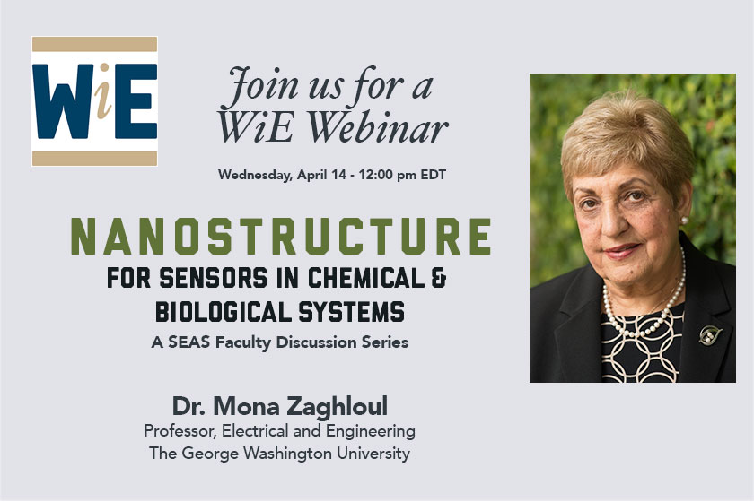 WiE Webinar Flyer: Nanostructure for Sensors in Chemical and Biological Systems with Dr. Mona Zaghloul