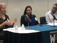 Women Engineers Panel held by WiE in collaboration with SWE, moderator Kristy Ortiz (Director, U.S. Marketing at CGI), Ann Kim (Deputy CIO of the U.S. Department of Education); and Demi Ladipo-Obasa (PhD Candidate with a BS in Civil and Environmental Engineering)